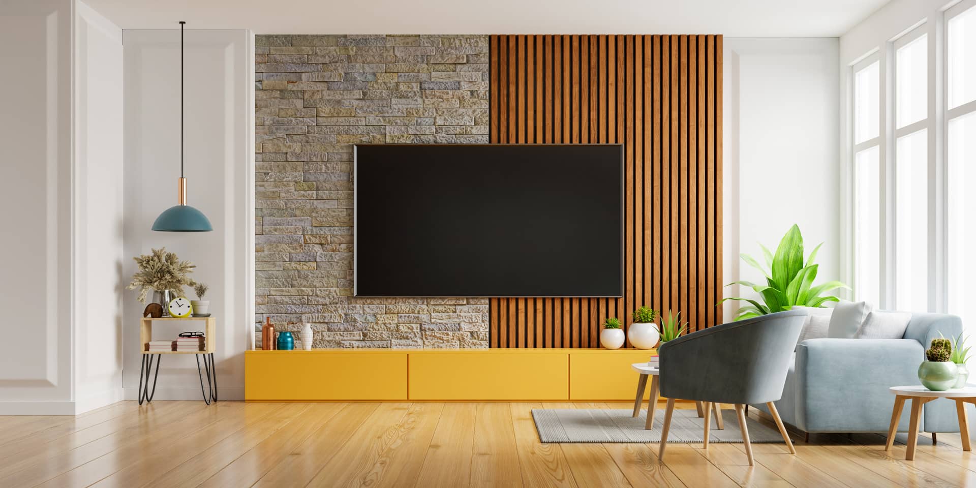 smart-tv-on-the-white-wall-in-living-room